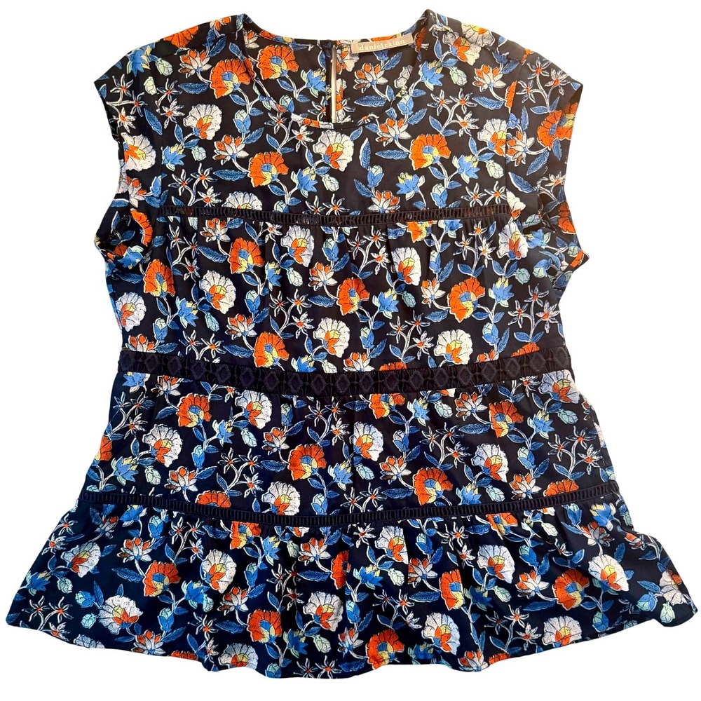 Crochet Floral Peplum Top Women Large Navy Orange Peplum Tiered Boho Ladder Lace